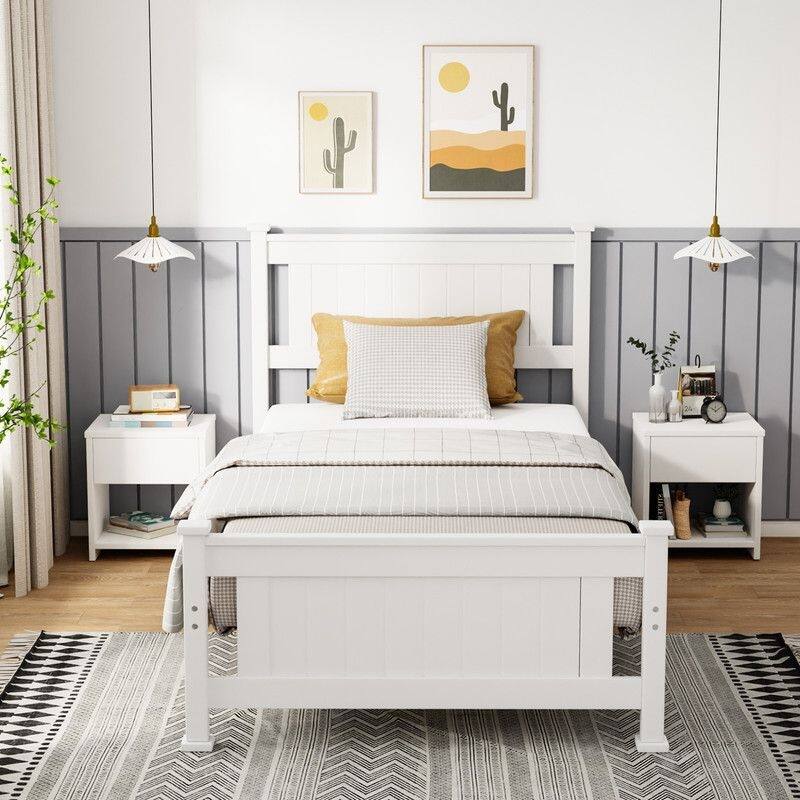 Wood Bed Frame Full Size Platform Bed with Headboard White