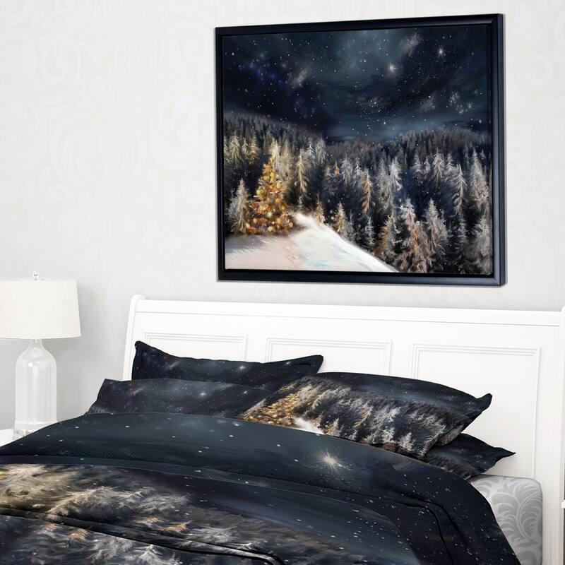 Designart "Night Forest Christmas Tree" Landscape Framed Canvas Art Print
