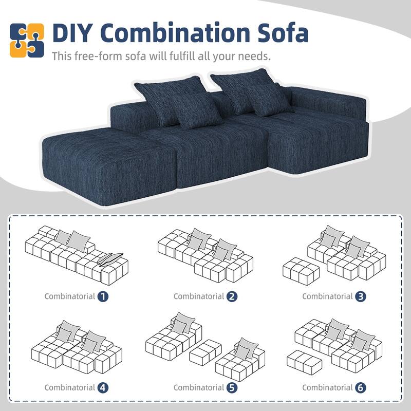 Oversized Modular Chenille Sectional Sofa with Ottoman, Chaise Lounge, 1 Armrest and 4 Pillows for Living Room
