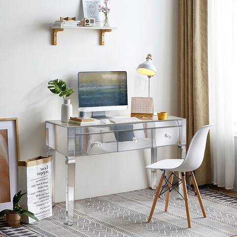 Mirror Surface Computer Desk with 3 Drawers, Silver