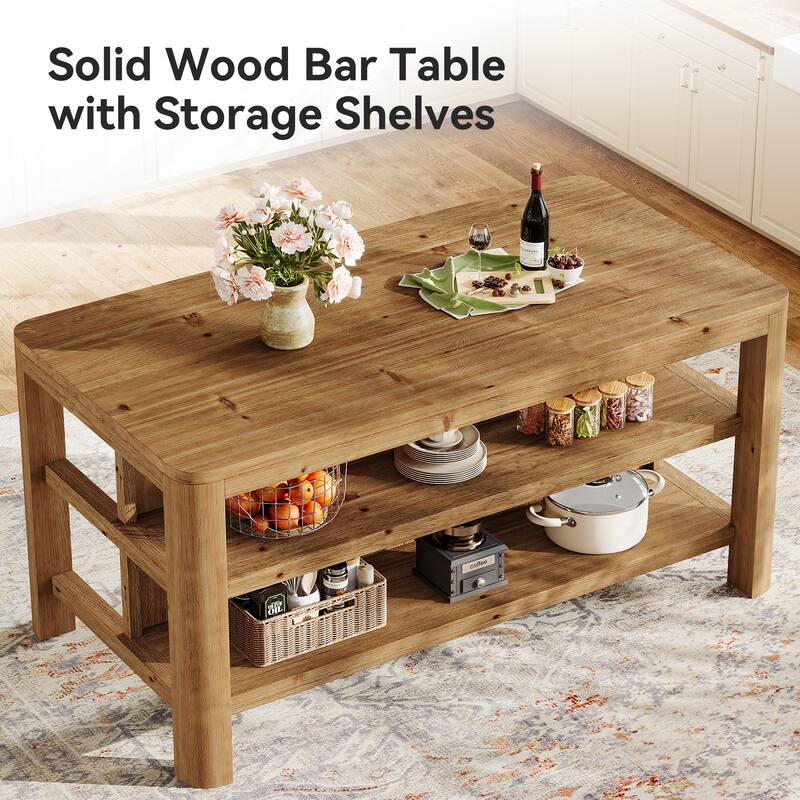 63'' Solid Wood Bar Table, Counter Height Pub Table with Storage Shelves