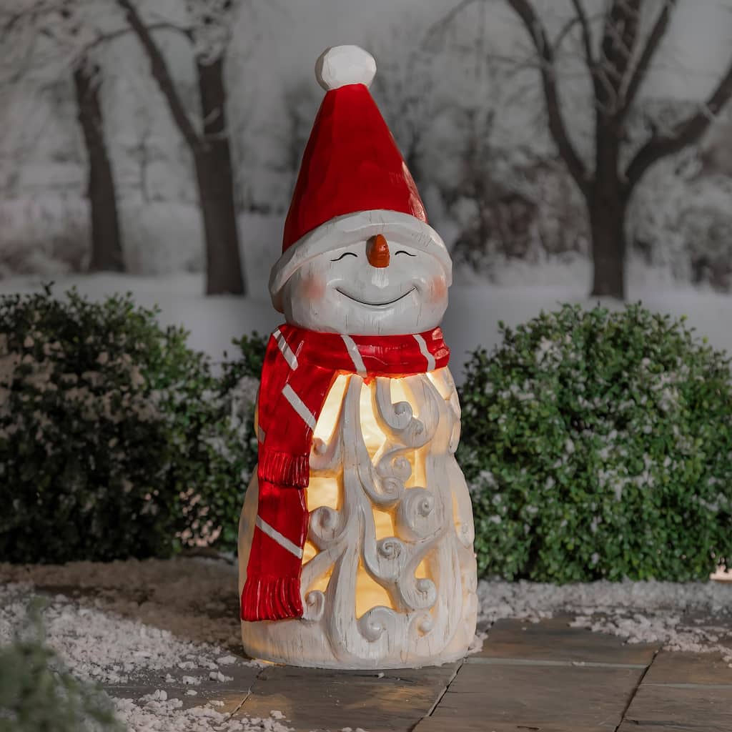 26 in. Snowman With Hut Resin Garden Statue - Multicolor