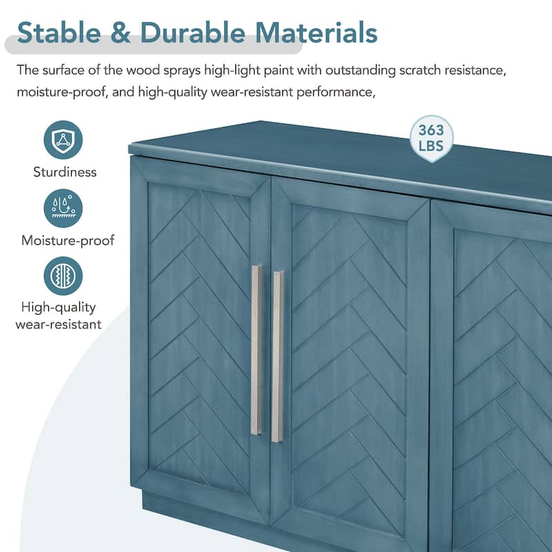 Sideboard with 4 Doors and Adjustable Shelves, Wooden Accent with Silver Handles, Large