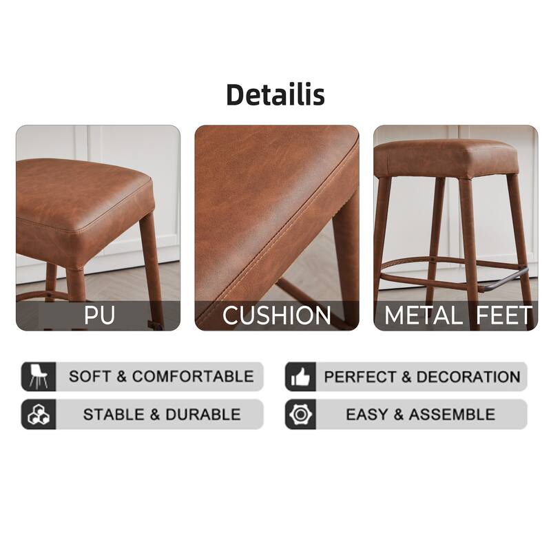 Set of 2 Counter Height Backless Brown Faux Leather Bar Stool - Comfortable Padded Seat with Sturdy Metal Legs