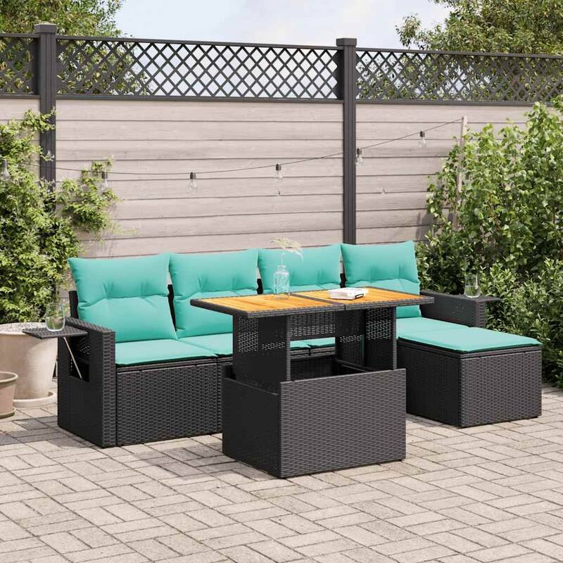 vidaXL Patio Sofa Set with Cushions Outdoor Furniture 6 Piece Poly Rattan - Black - 21.7 x 24.4 x 27.2