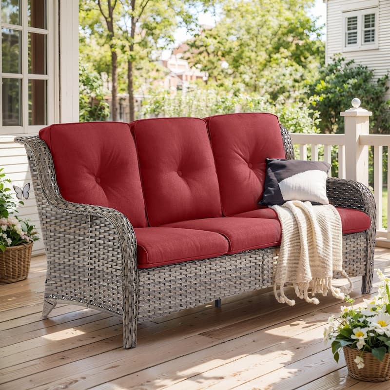 Gymojoy Outdoor Wicker Sofa Patio Rattan Wicker Furniture Cushion Sofa - Grey Wicker / Red Cusion