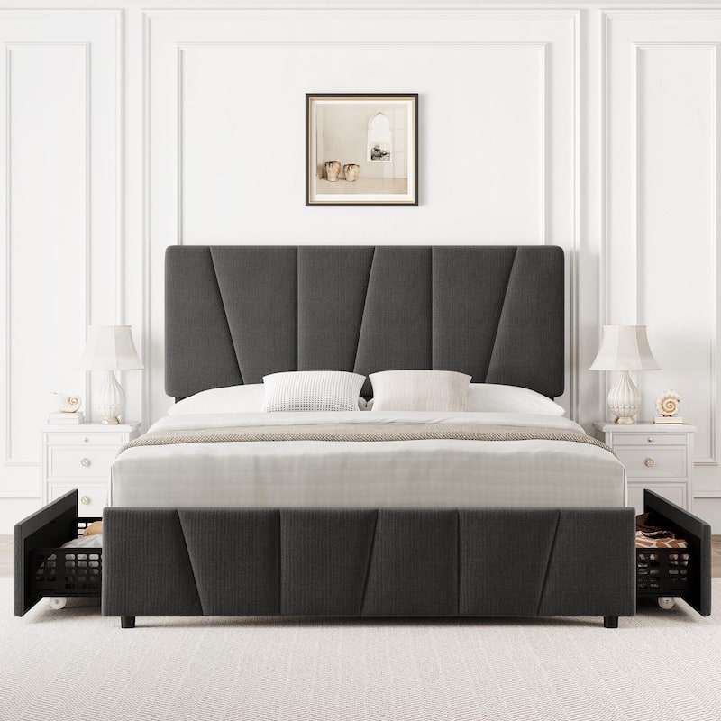 Platform Bed Frame with 4 Storage Drawers and Headboard - Grey - Full