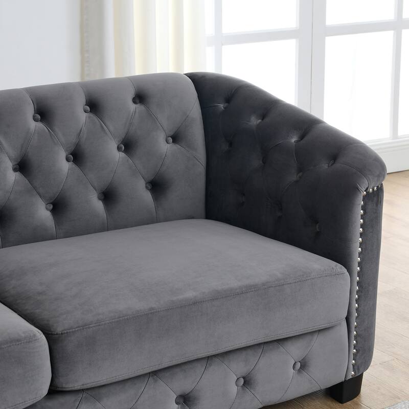 Modern Chesterfield Velvet Sofa, 3-Seater Sofa,Upholstered Tufted Backrests with Nailhead Arms and 2 Cushions