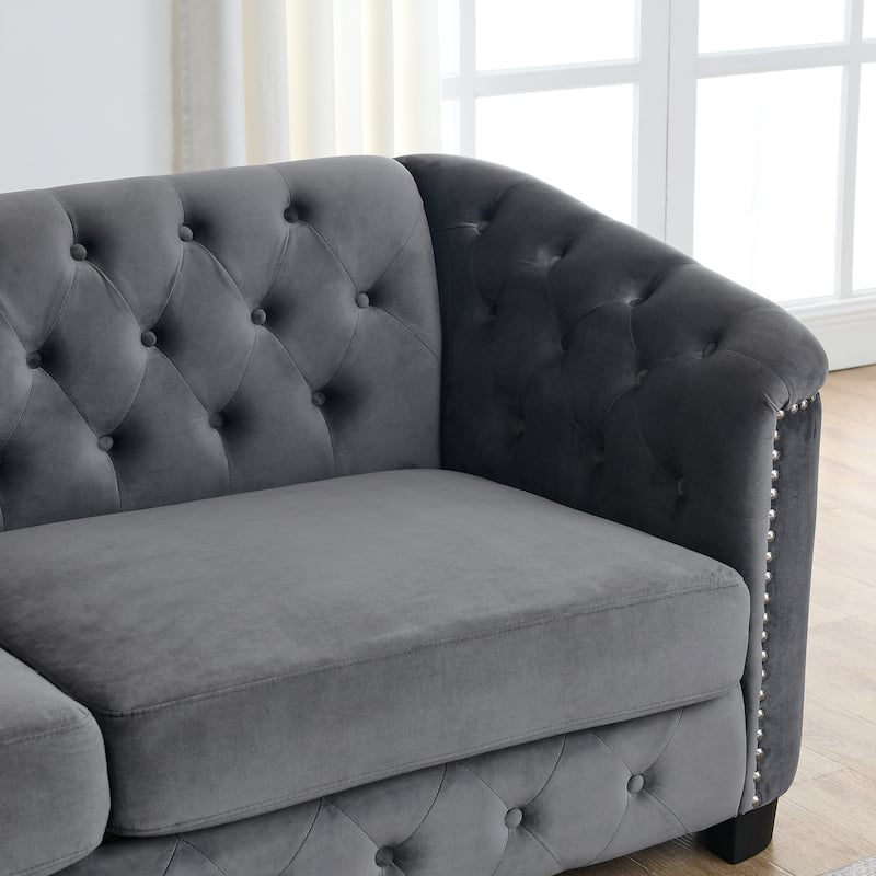 Velvet Chesterfield Upholstered Sofa, Lounge Sofa with Tufted Backrests, 3 Seater Sofa with Nailhead Arms & 2 Cushions