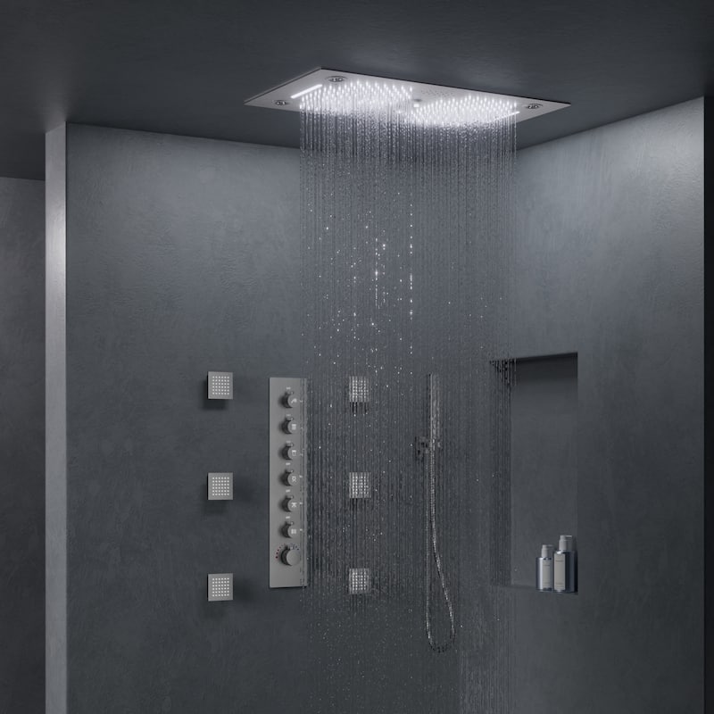 GRANDJOY LED Shower System 28" Luxury Shower Head with 6 Body Jets