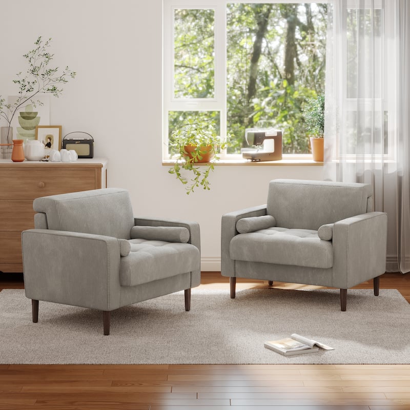 Corduroy Upholstered Accent Chair with Bolster Pillows Set of 2