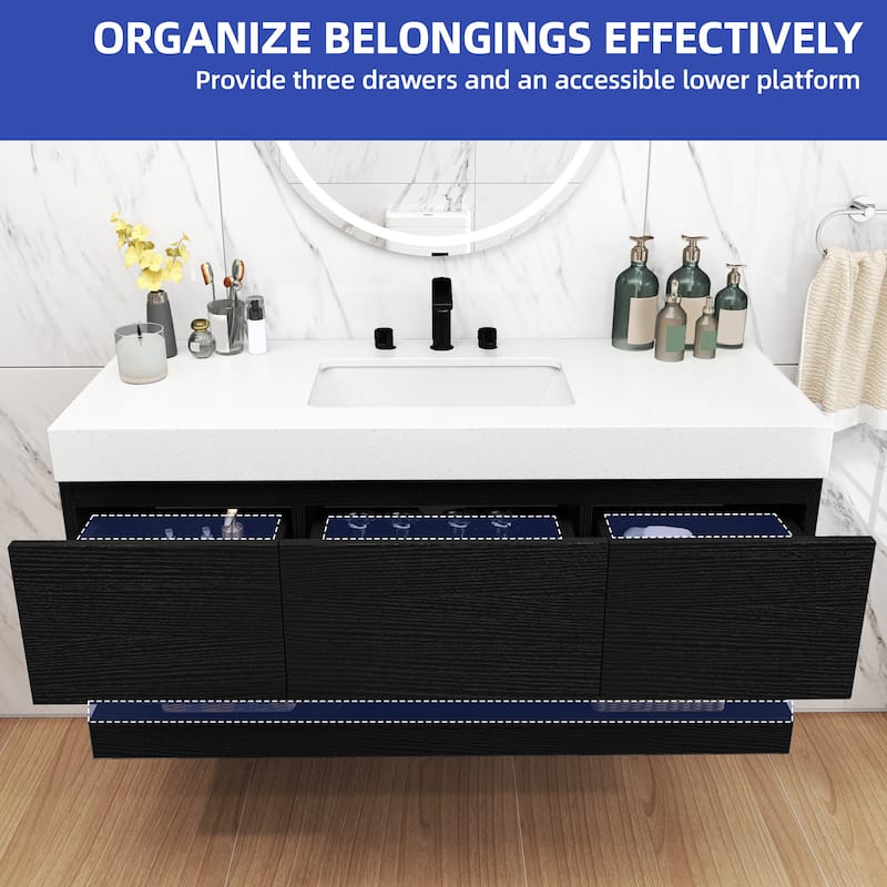 Moasis 48 Inch Floating Wall Mounted Bathroom Vanity with 3 Drawers