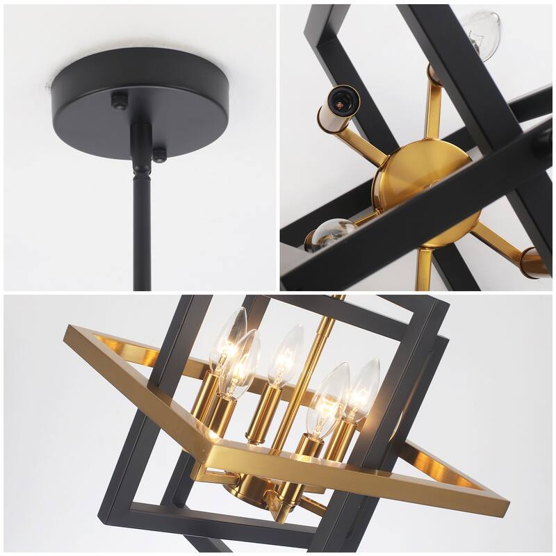 12.99" Wide 6-Light Semi Flush Mount Chandelier, Industrial Style Square Open Frame Pendant Light for Living Room