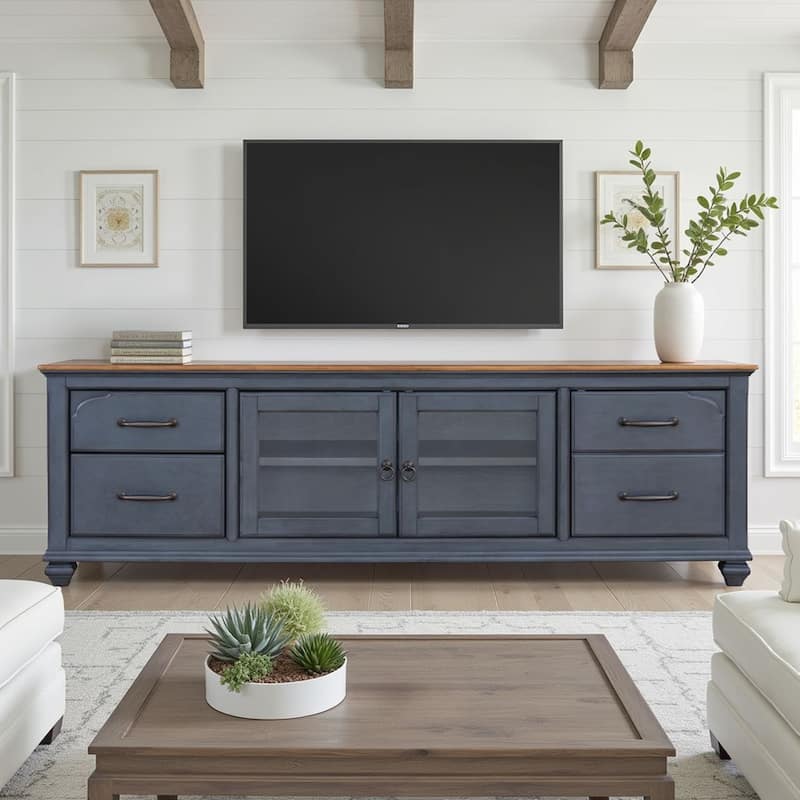Bridgevine Home Americana 84 in TV Stand for TVs up to 90 inches, No Assembly Required, Corduroy Blue Finish