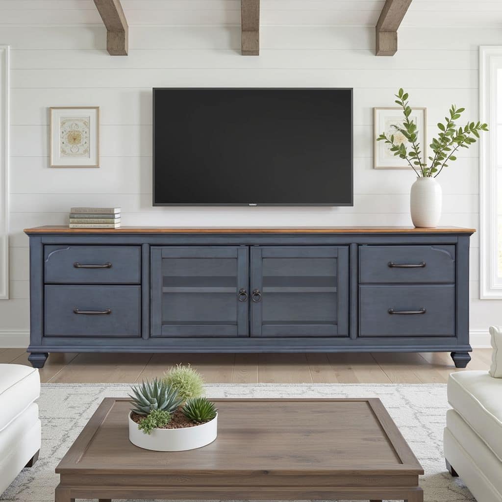 Bridgevine Home Americana 84 in TV Stand for TVs up to 90 inches, No Assembly Required, Corduroy Blue Finish