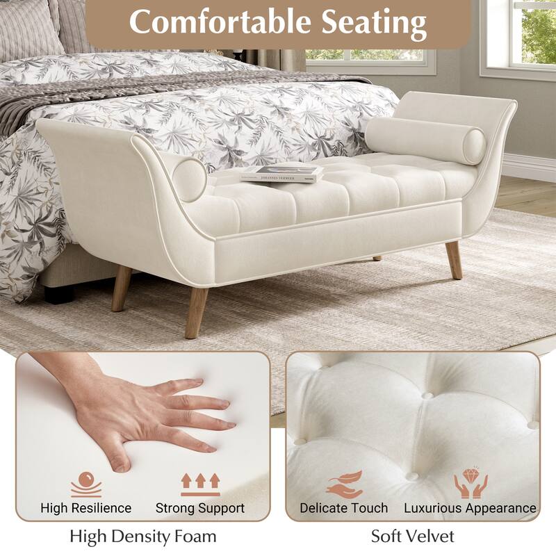 Upholstered Velvet Bench End of Bed Bench with 2 Pillows, Button Tufted Ottoman Beige Footstool with Rolled Arms