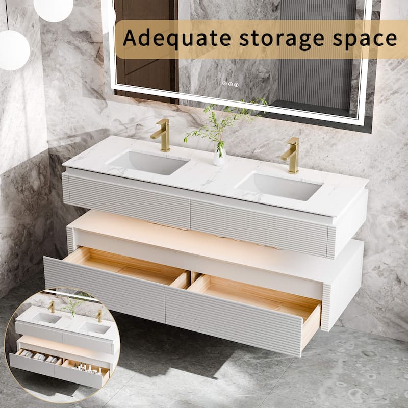 Modland 60" Modern Wall-Mounted Double Sink Bathroom Vanity with Engineered Stone Countertop, Soft-Close Drawers