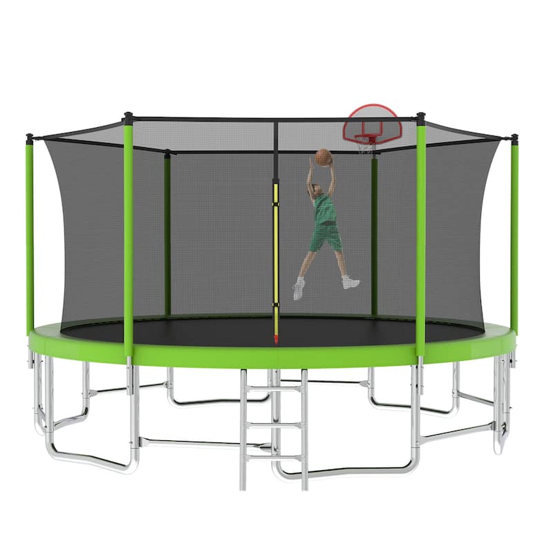 16FT Trampoline with Balance Bar & Basketball Hoop&Ball, ASTM Approved Reinforced Type Outdoor Trampoline