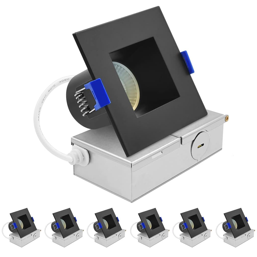 Luxrite 3 in. Square LED Recessed Ceiling Light J-Box 8W 5CCT 530 Lumens Wet Rated Black Trim 6 Pack