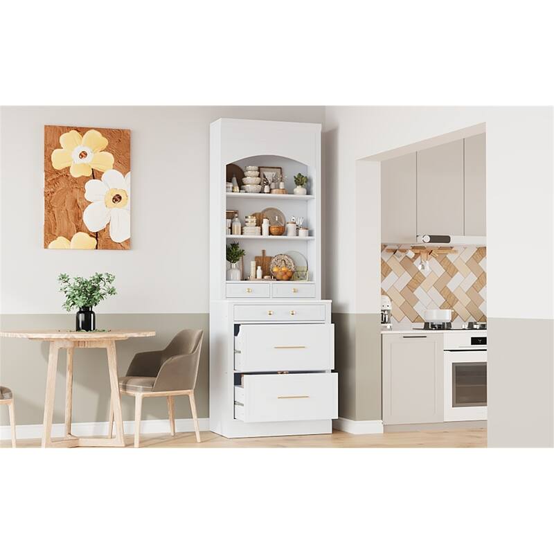 Freestanding Tall Kitchen Cabinet with 5 Storage Drawers and Adjustable Shelf - White