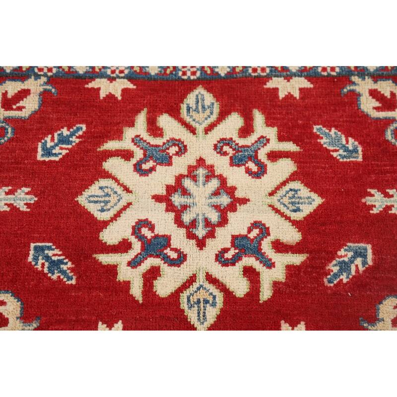 Red Geometric Kazak Rug Hand-Knotted Wool Carpet - 3'5" x 5'0"