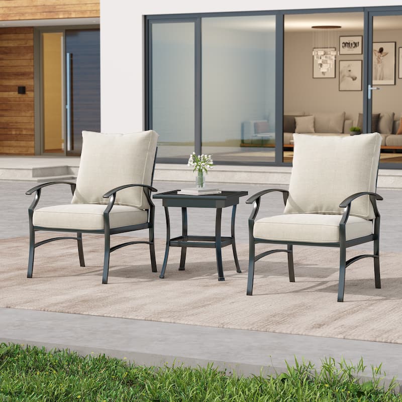 3 Piece Patio Metal Armchair/Side Table Seating Group with Cushions