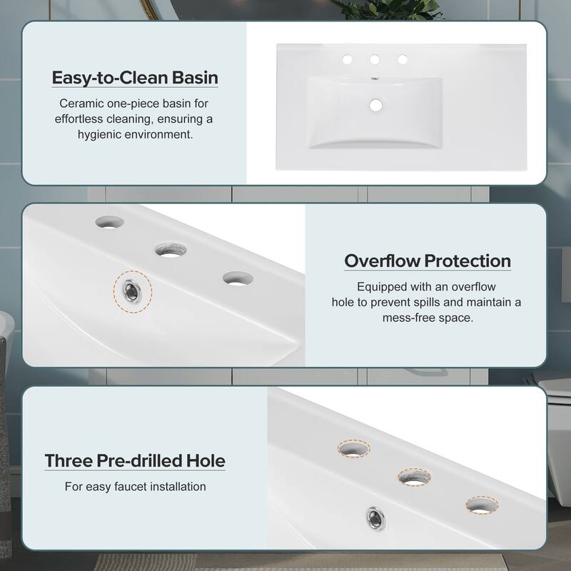 Roomfitters 36" Bathroom Vanity with Ceramic Sink, Storage Cabinet with 2 Soft-Close Doors and 5 Drawers, White