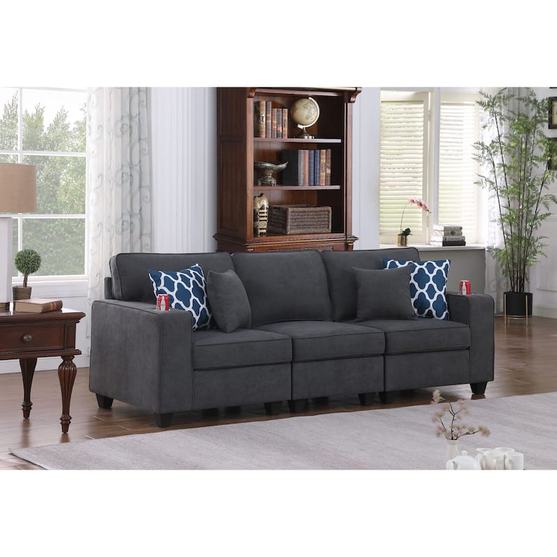Woven Upholstered Sofa with 2 Cupholders in Stone Gray - Stone Gray/Brown