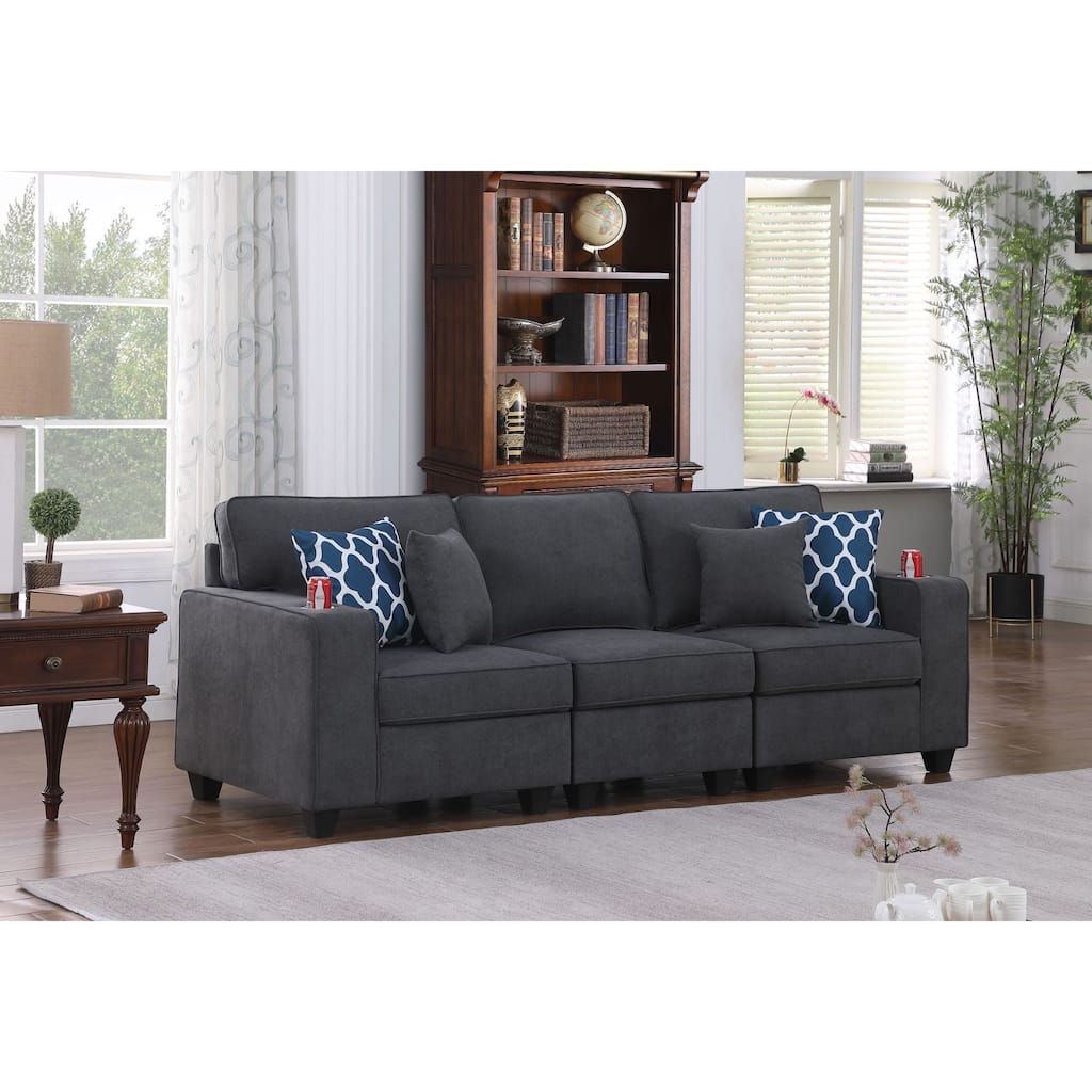 Woven Upholstered Sofa with 2 Cupholders in Stone Gray