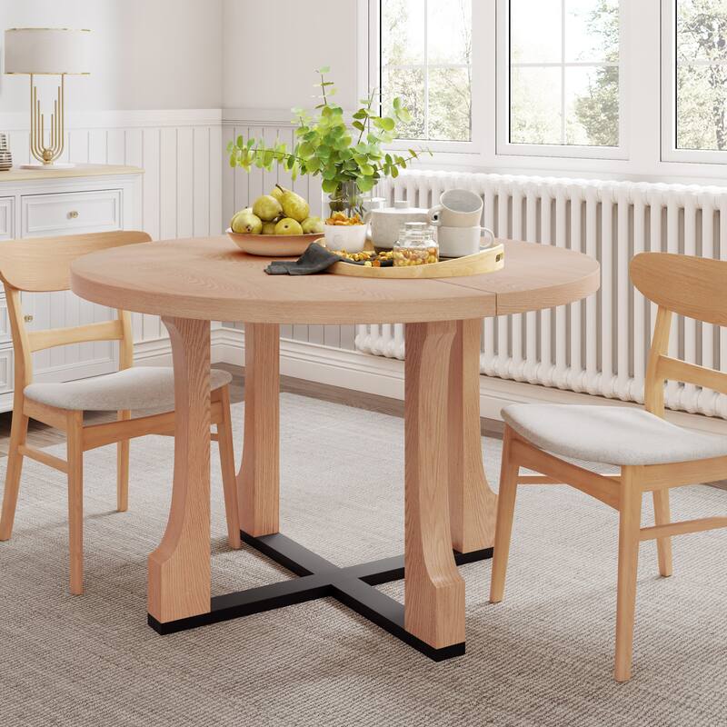 48" Farmhouse Round Dining Table with X-Cross Base - Natural+Black