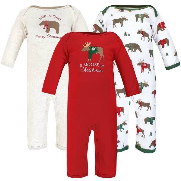 slide 1 of 1, Hudson Baby Infant Boy Cotton Coveralls, Moose Be Christmas 0 - 3 Months - Red