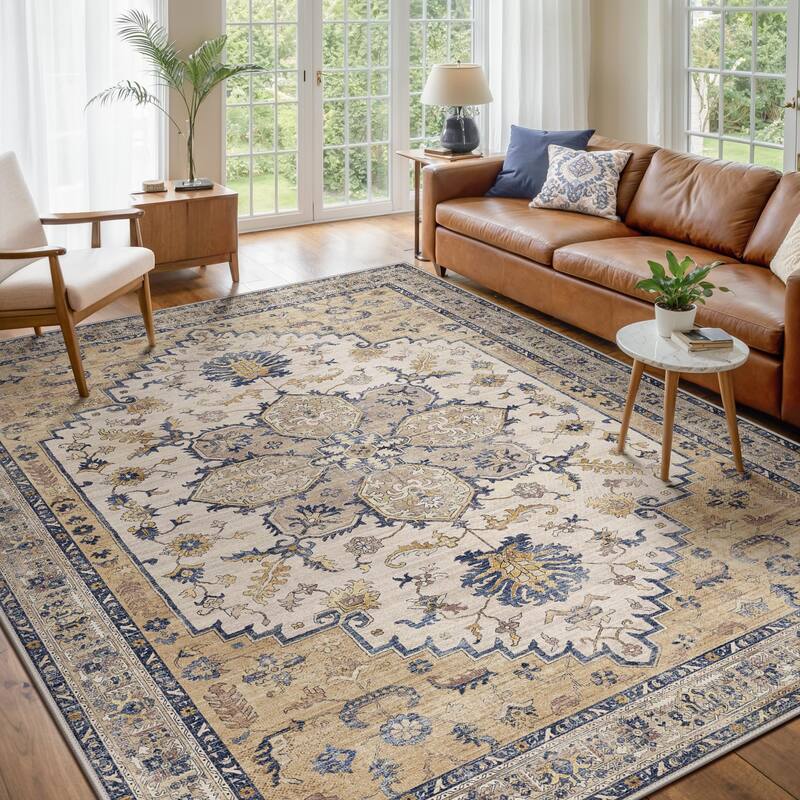 Mcow Vintage Harmony Collection Low-Pile Machine-Washable Area Rug - Beige - 6' x 9' - Rectangle