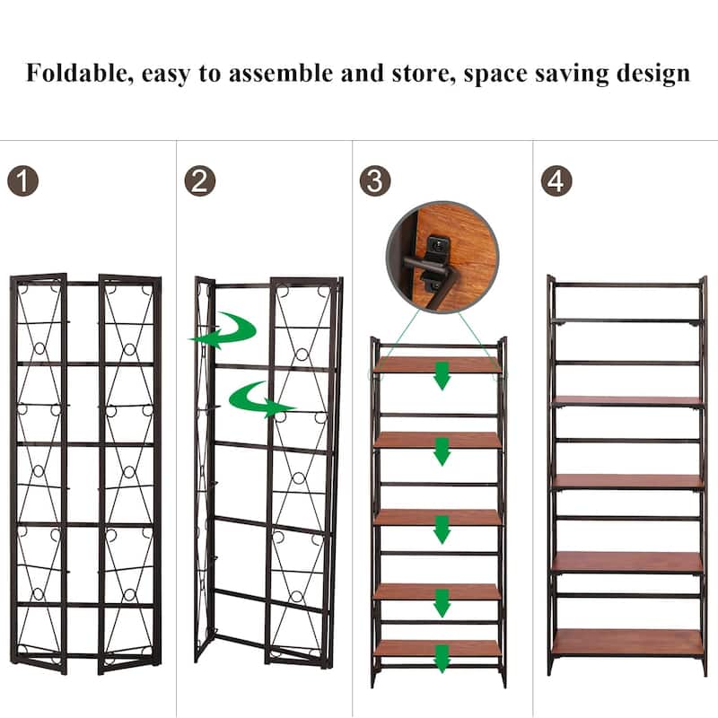 VECELO Bookshelf, 5 Shelf Folding Bookcase No Assembly, Industrial Metal Frame Shelves Rack Organizer for Living Room, Office
