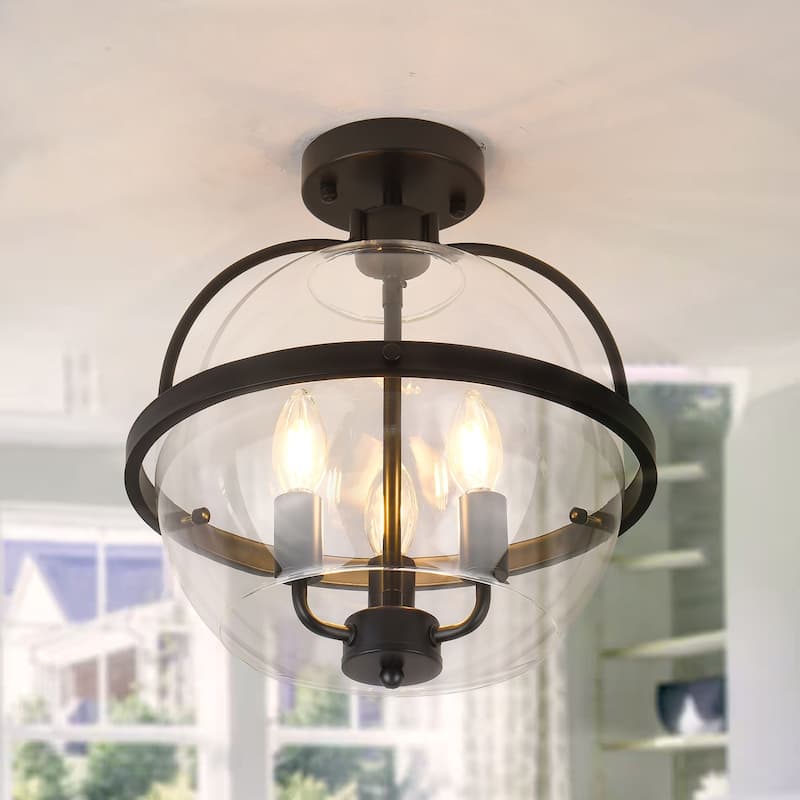 3-Light Industrial - Style Black - Framed Clear Glass Globe Flush Mount Ceiling Light - Matte Black