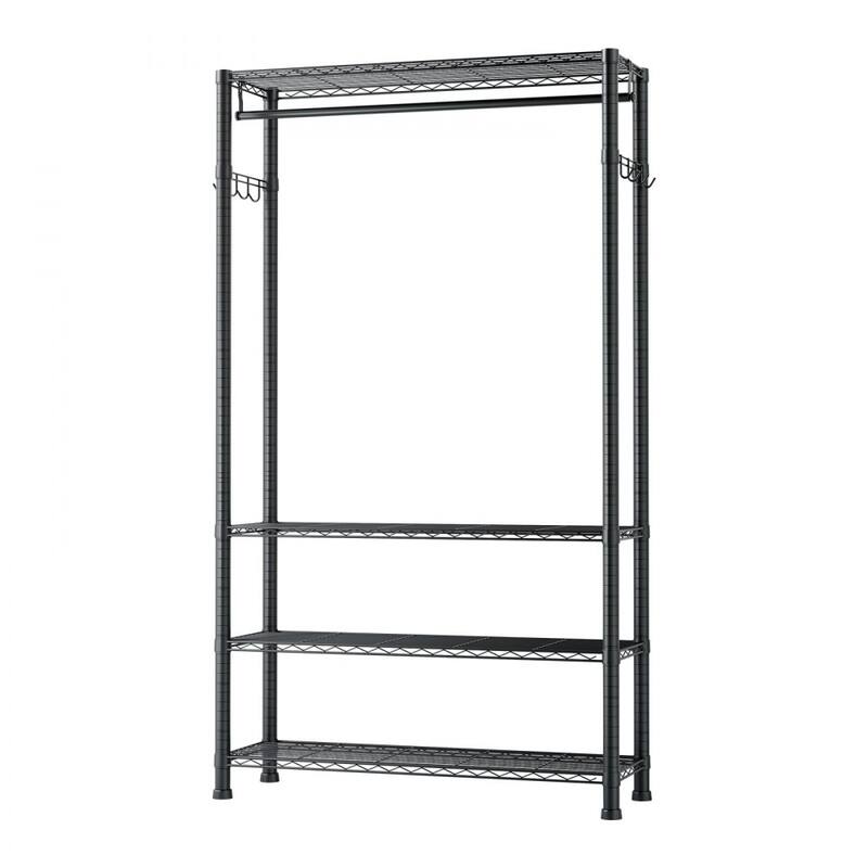 Black Carbon Steel Clothes Rack with 4 Adjustable Shelves 8 Hooks and Hanging Rod for Closet - 30 x 14.02 x 76.38 in