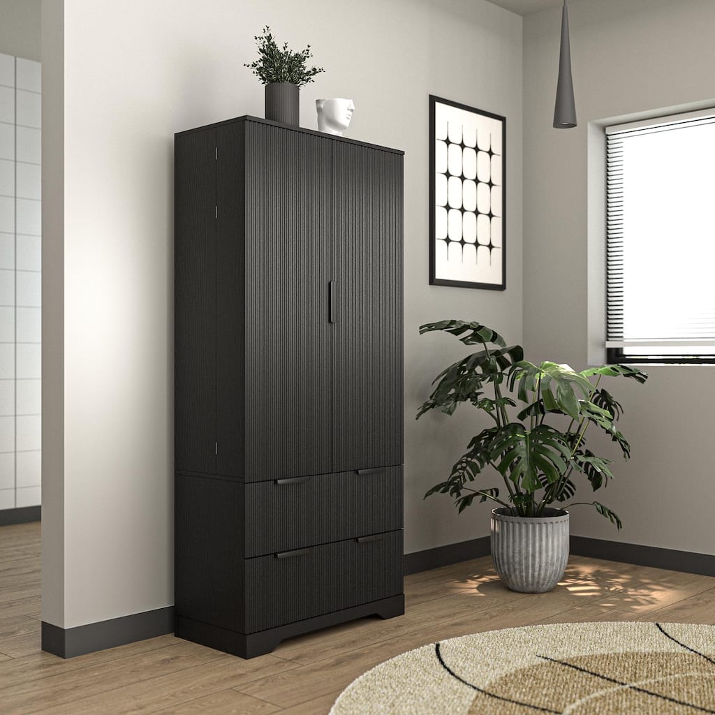 72" Modern Fluted Kitchen Pantry Cabinet with 2 Large Drawers & 8-Door Spice Rack, Freestanding Storage Organizer