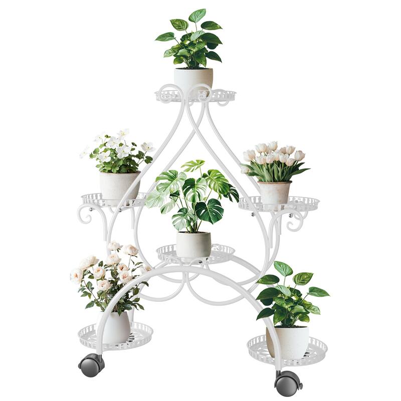 European White 6 Tiers Flower Stand with Rolling Wheels heart-shaped Multi-layer Rack