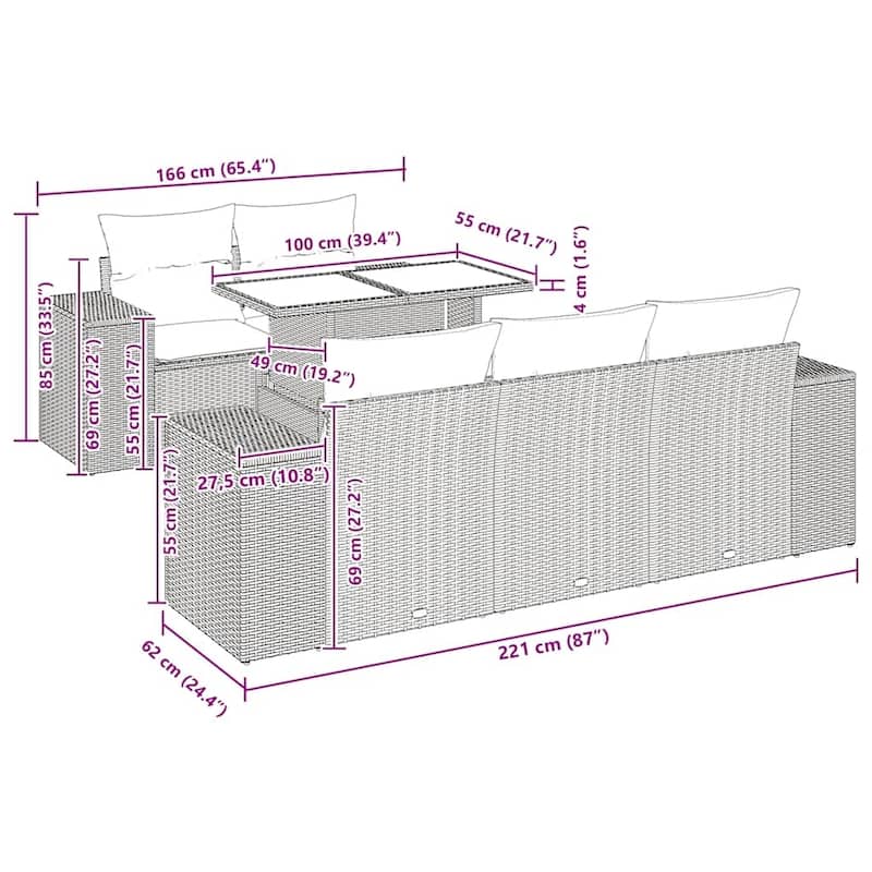 vidaXL 6 Piece Patio Sofa Set with Cushions Black Poly Rattan Acacia - 21.7 x 24.4 x 27.2
