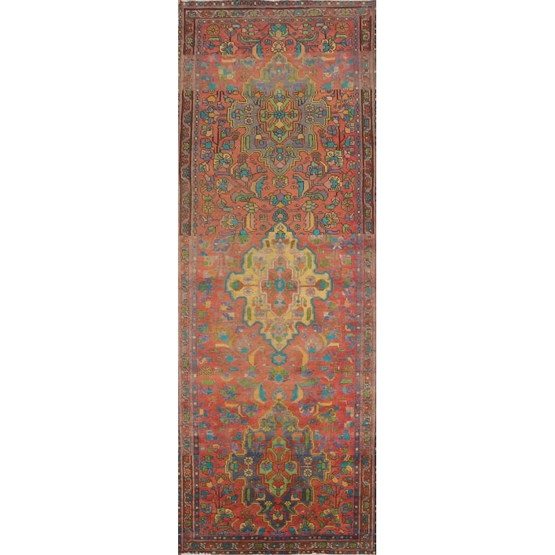 Hand Knotted Oriental 100% Wool Carpet Traditional Floral Oranges & Rust Heriz Runner Rug - 12' 5'' X 3' 4''