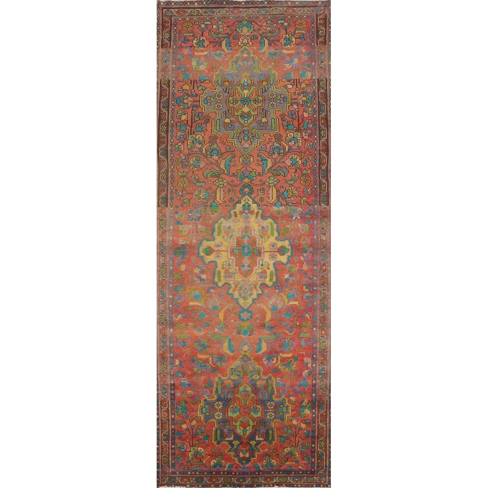 Hand Knotted Oriental 100% Wool Carpet Traditional Floral Oranges & Rust Heriz Runner Rug - 12' 5'' X 3' 4''
