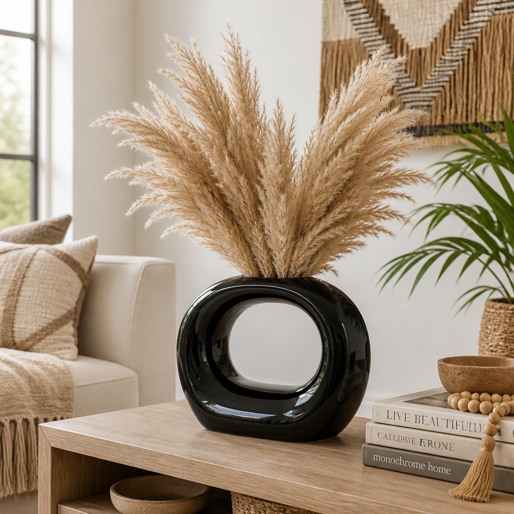 Decorative Vase - Black Ceramic Oval Cut-Out Glossy