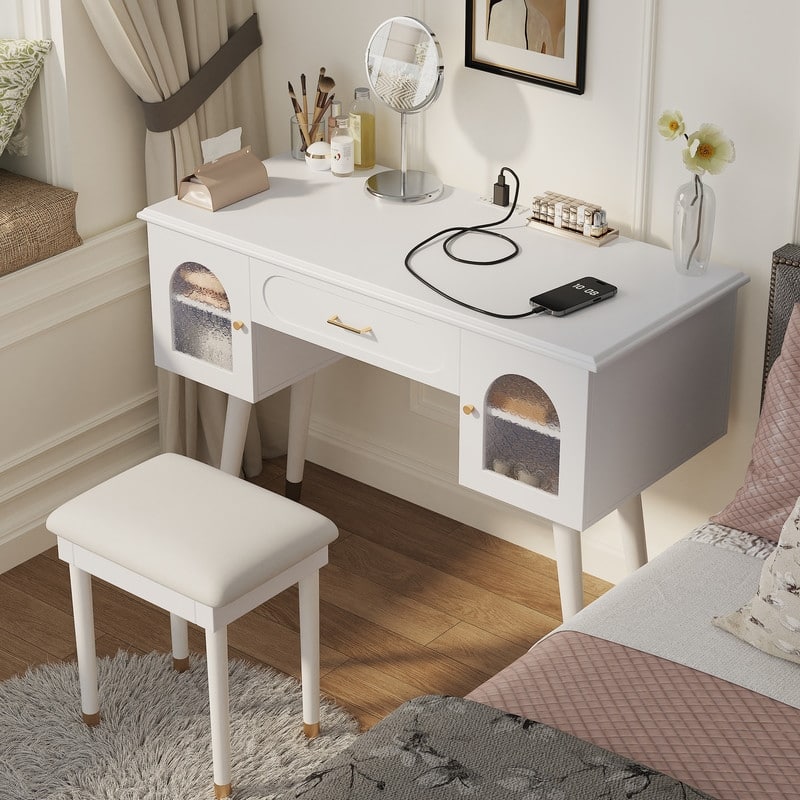 Vanity Dresser with Mirror and Stool Set Storage Drawers Luxury Furniture