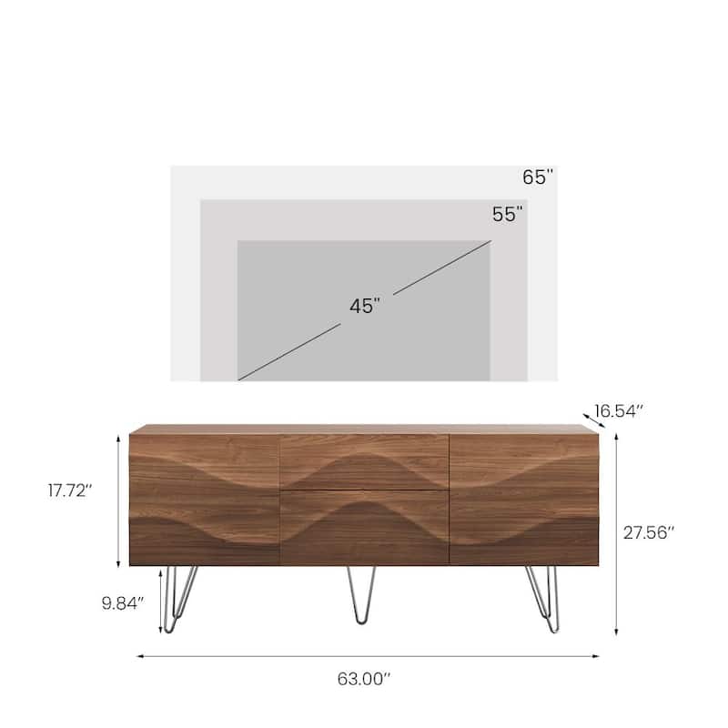 Modern Solid Wood TV Stand, Mid-Century TV Bench with Drawers, Cabinets, Tall-Cast Legs, Ash
