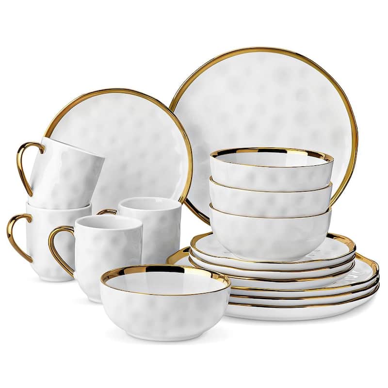 LOVECASA Gold Aura Glossy Porcelain Dinnerware Set - White - 16 Piece