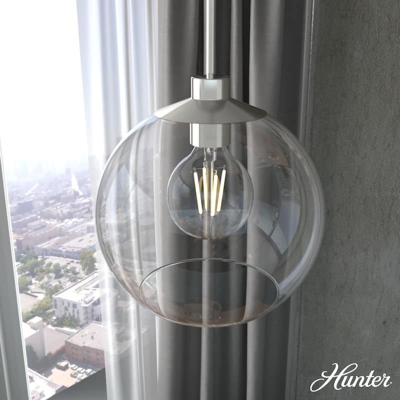 Hunter Xidane 1 Light Clear Glass Pendant or Semi-Flush Light - Kitchen Island, Dining Room, Entry - Glam, Contemporary - 14" - Brushed Nickel