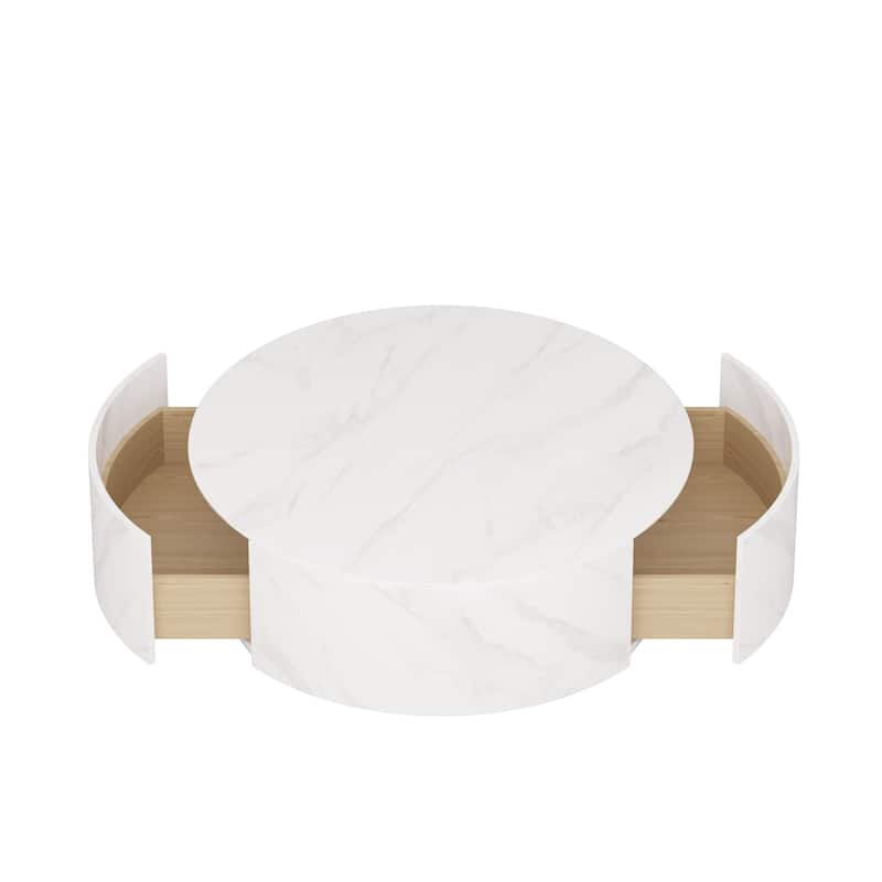 Modern Round Coffee Table with 2 Drawers, Sintered Stone Tabletop and Golden Base