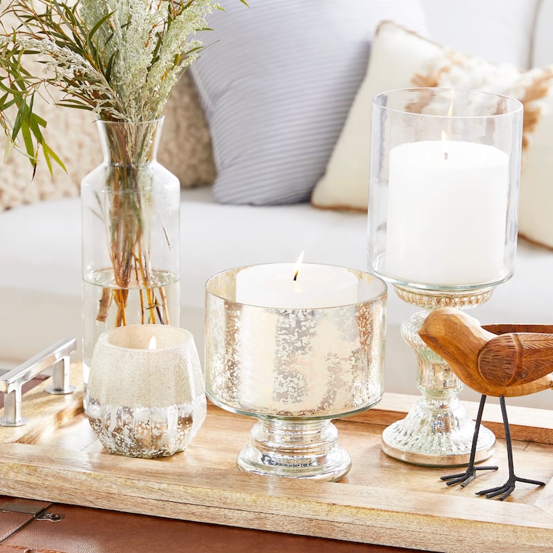 Glass Handmade Turned Style Pillar Hurricane Lamp with Faux Mercury Glass Finish - Silver - Roche River Decor