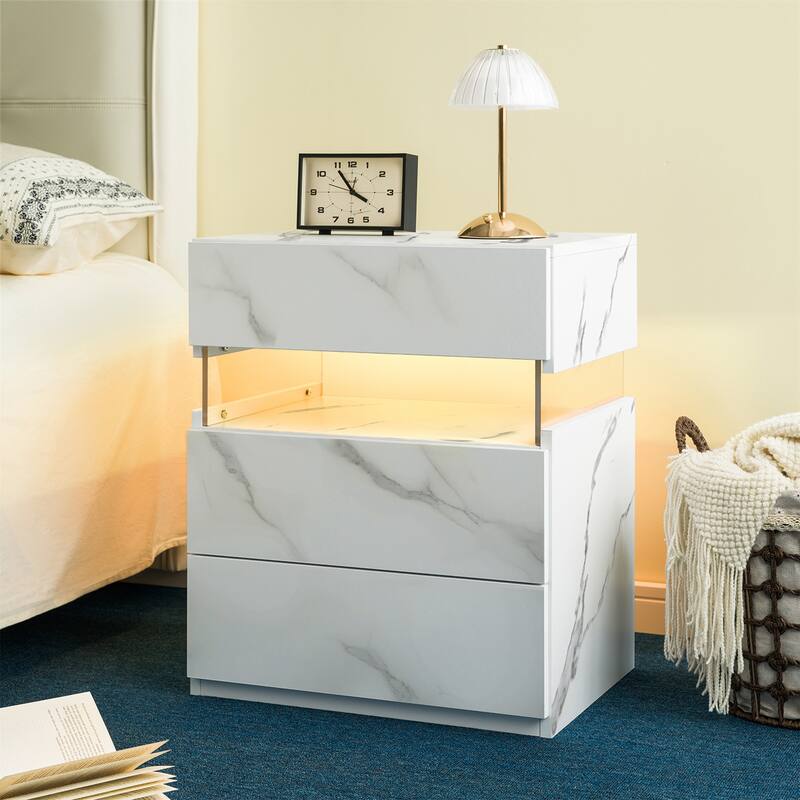 3-Drawer LED Nightstand, Multifunctional Bedside Table