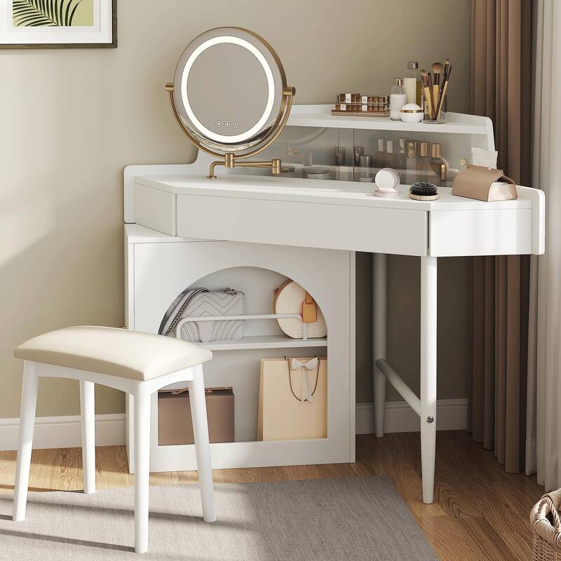 Corner Makeup Vanity Desk with Mirror & LED Lights