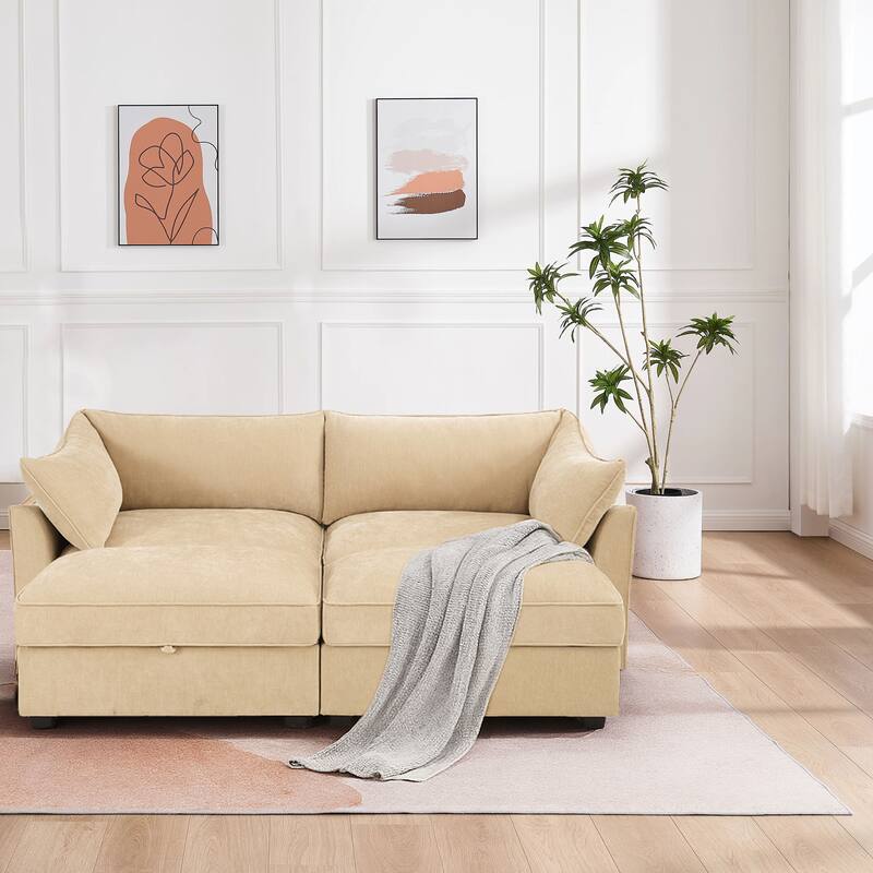 Chenille Fabric Upholstered Sectional Sofa with Under-Seat Drawers and Storage Ottoman - Wheat—2 Seater with 2 Ottoman